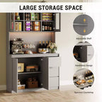 Meuble de cuisine haut de 180 cm avec porte vitrée, vaisselier de rangement de cuisine avec lumières LED et prises de courant, support pour micro-ondes, design sans poignée