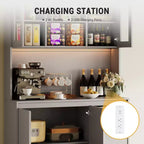 Meuble de cuisine haut de 180 cm avec porte vitrée, vaisselier de rangement de cuisine avec lumières LED et prises de courant, support pour micro-ondes, design sans poignée