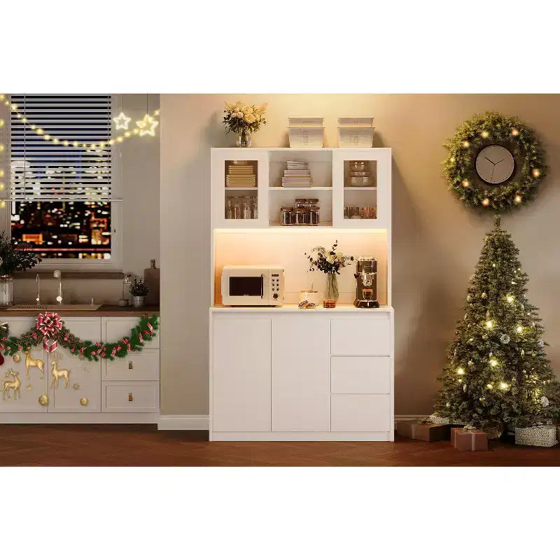 71 Tall Kitchen Pantry Cabinet with Glass Door, Kitchen Storage Hutch with Led Lights and Power Outlets, Microwave Stand, Handless Design