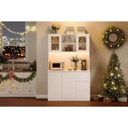 Meuble de cuisine haut de 180 cm avec porte vitrée, vaisselier de rangement de cuisine avec lumières LED et prises de courant, support pour micro-ondes, design sans poignée
