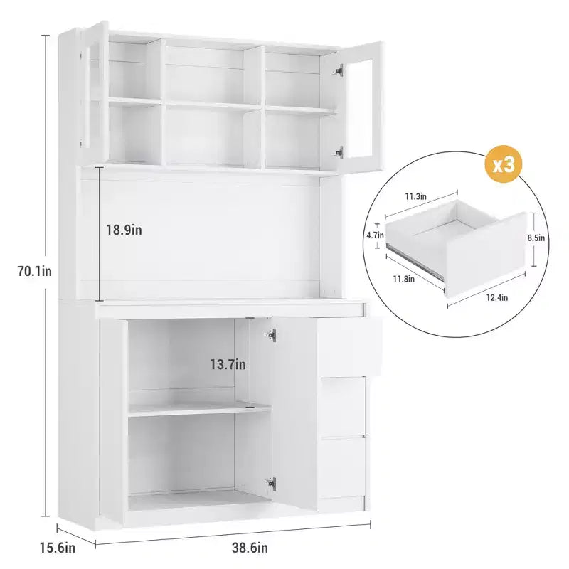 71 Tall Kitchen Pantry Cabinet with Glass Door, Kitchen Storage Hutch with Led Lights and Power Outlets, Microwave Stand, Handless Design