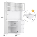 Meuble de cuisine haut de 180 cm avec porte vitrée, vaisselier de rangement de cuisine avec lumières LED et prises de courant, support pour micro-ondes, design sans poignée