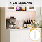 Meuble de cuisine haut de 180 cm avec porte vitrée, vaisselier de rangement de cuisine avec lumières LED et prises de courant, support pour micro-ondes, design sans poignée