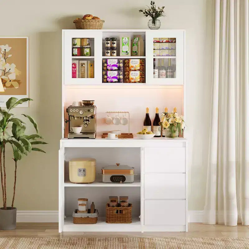 71 Tall Kitchen Pantry Cabinet with Glass Door, Kitchen Storage Hutch with Led Lights and Power Outlets, Microwave Stand, Handless Design