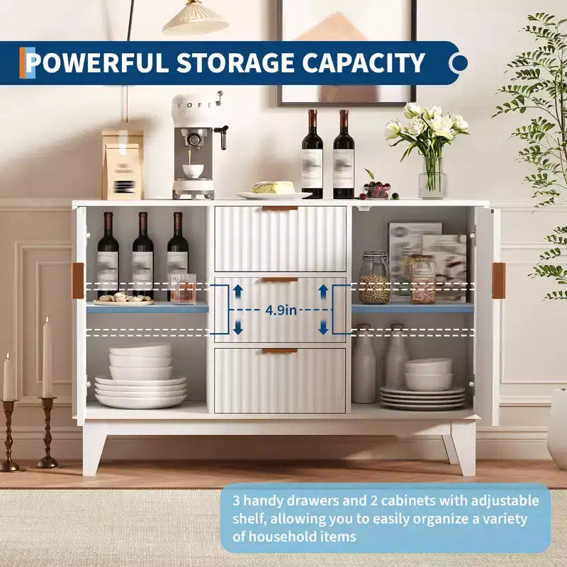 47.2 Modern Fluted Sideboard Buffet Cabinet with 3 Drawers, 2 Doors & Adjustable Shelves