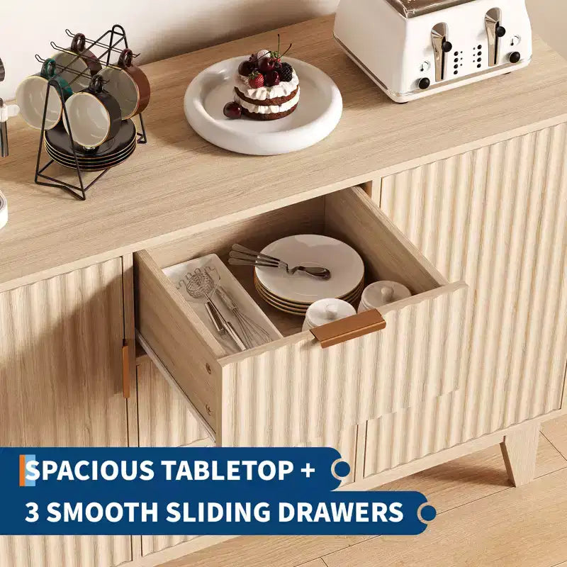 47.2 Modern Fluted Sideboard Buffet Cabinet with 3 Drawers, 2 Doors & Adjustable Shelves