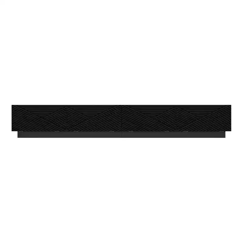 Black Geometric-Patterned TV Stand for 78" TVs with Lift-Up Doors and Storage Cabinets