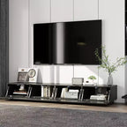 Meuble TV noir à motifs géométriques pour téléviseurs de 78" avec portes relevables et armoires de rangement