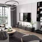 Meuble TV noir à motifs géométriques pour téléviseurs de 78" avec portes relevables et armoires de rangement