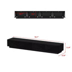 Meuble TV noir à motifs géométriques pour téléviseurs de 78" avec portes relevables et armoires de rangement