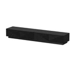 Meuble TV noir à motifs géométriques pour téléviseurs de 78" avec portes relevables et armoires de rangement