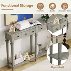 Console étroite rétro de 151,9 cm avec 4 tiroirs et étagères ouvertes, finition gris délavé