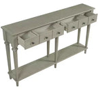 Console étroite rétro de 151,9 cm avec 4 tiroirs et étagères ouvertes, finition gris délavé