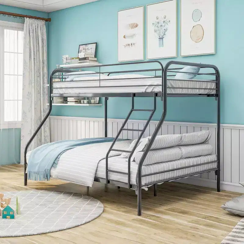 Twin-Over-Full Heavy Duty Metal Bunk Bed with Safety Guardrail and Ladder Black