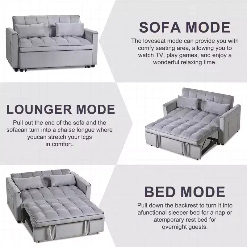 3-in-1 Convertible Sleeper Sofa Bed Pull Out Couch Velvet Loveseat with Pillows Gray