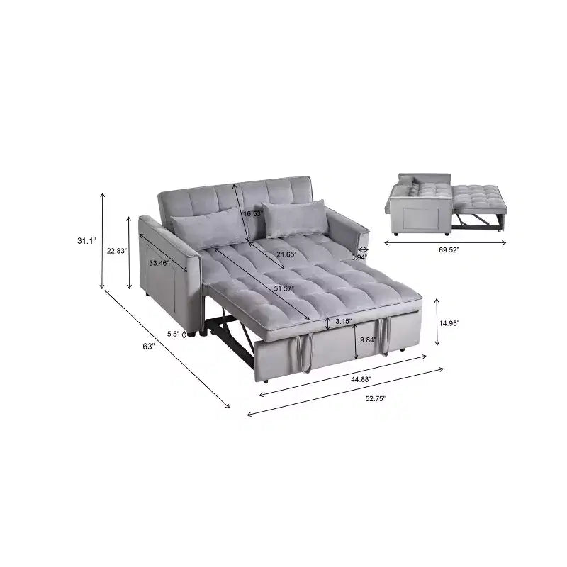 3-in-1 Convertible Sleeper Sofa Bed Pull Out Couch Velvet Loveseat with Pillows Gray