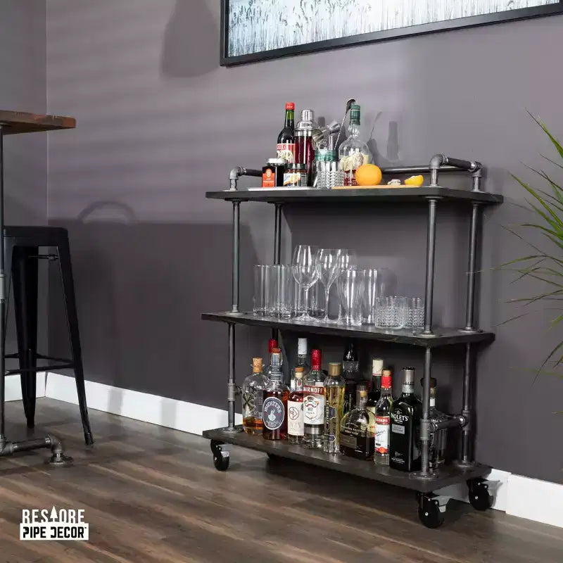 3-Tier Industrial Wood Shelf Bar Cart with Locking Wheels