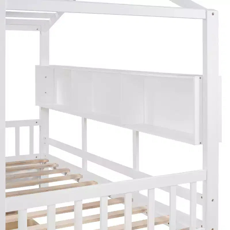 House Bed with Roof and Window, Wooden Daybed Frame with Shelves and 2 Drawers for Kids Girls Boys, White