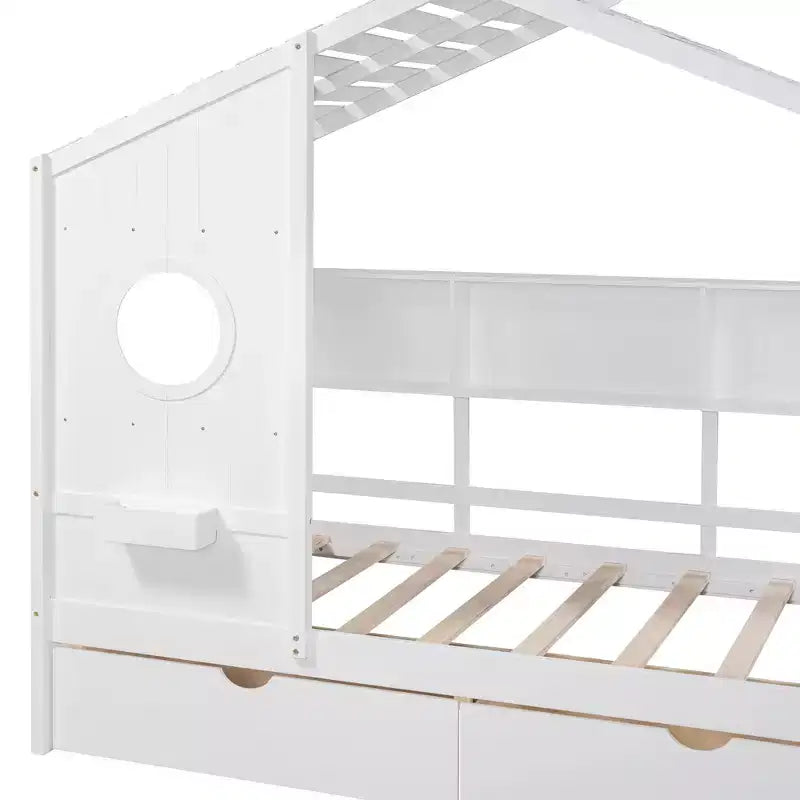 House Bed with Roof and Window, Wooden Daybed Frame with Shelves and 2 Drawers for Kids Girls Boys, White