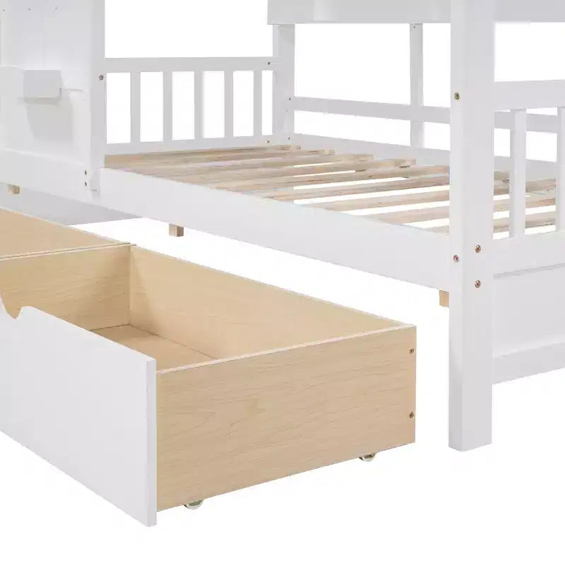 House Bed with Roof and Window, Wooden Daybed Frame with Shelves and 2 Drawers for Kids Girls Boys, White