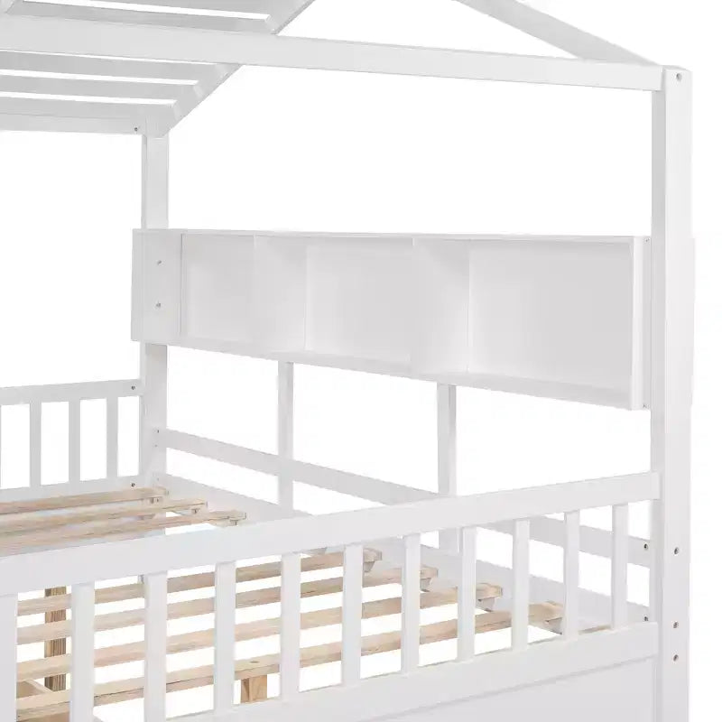 House Bed with Roof and Window, Wooden Daybed Frame with Shelves and 2 Drawers for Kids Girls Boys, White