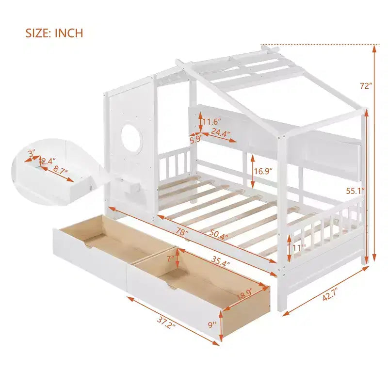 House Bed with Roof and Window, Wooden Daybed Frame with Shelves and 2 Drawers for Kids Girls Boys, White