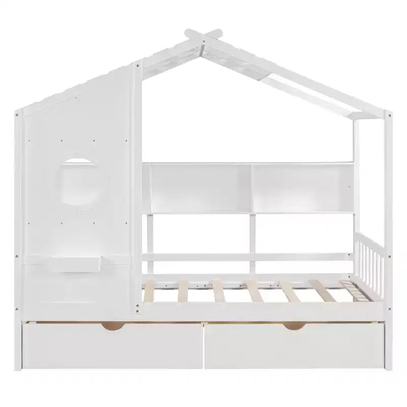 House Bed with Roof and Window, Wooden Daybed Frame with Shelves and 2 Drawers for Kids Girls Boys, White