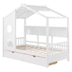 Lit cabane avec toit et fenêtre, cadre de lit de repos en bois avec étagères et 2 tiroirs pour enfants filles garçons, blanc