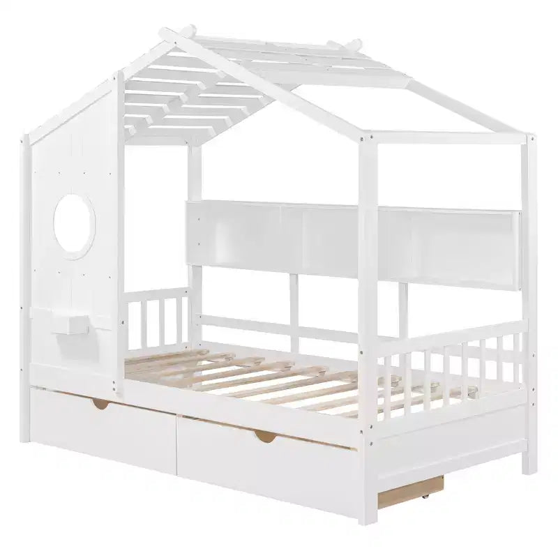 House Bed with Roof and Window, Wooden Daybed Frame with Shelves and 2 Drawers for Kids Girls Boys, White