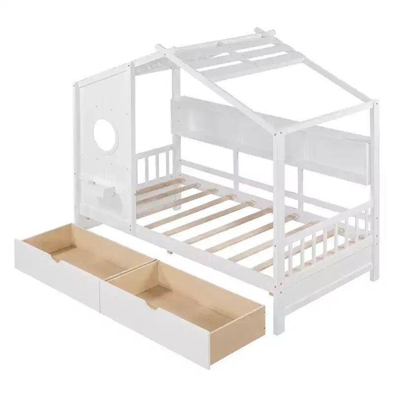 House Bed with Roof and Window, Wooden Daybed Frame with Shelves and 2 Drawers for Kids Girls Boys, White