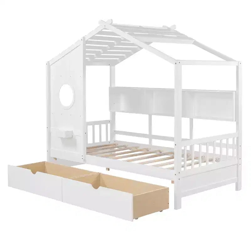 House Bed with Roof and Window, Wooden Daybed Frame with Shelves and 2 Drawers for Kids Girls Boys, White