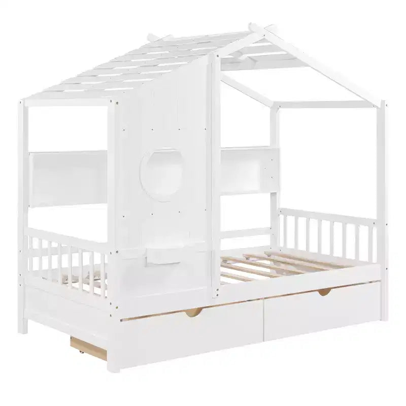House Bed with Roof and Window, Wooden Daybed Frame with Shelves and 2 Drawers for Kids Girls Boys, White