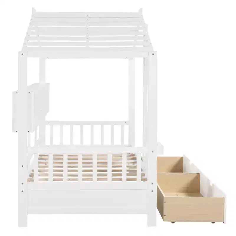 House Bed with Roof and Window, Wooden Daybed Frame with Shelves and 2 Drawers for Kids Girls Boys, White