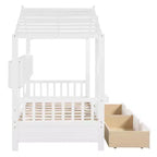 Lit cabane avec toit et fenêtre, cadre de lit de repos en bois avec étagères et 2 tiroirs pour enfants filles garçons, blanc