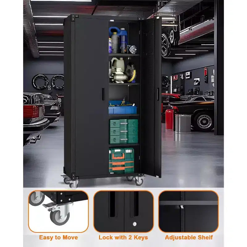 72 High Metal Storage Cabinet with Wheels, Cold Rolled Steel Tool Cabinet, 4 Adjustable Shelves, Lockable Rolling