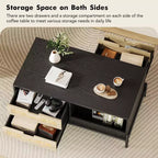 Table basse bohème rustique en rotin avec 4 tiroirs tressés et étagère de rangement ouverte, tables basses avec lumières LED, table basse en bois pour salon