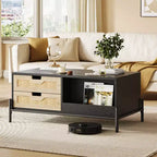 Table basse bohème rustique en rotin avec 4 tiroirs tressés et étagère de rangement ouverte, tables basses avec lumières LED, table basse en bois pour salon