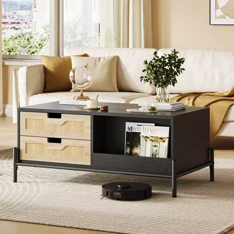 Farmhouse Boho Rattan Coffee Table with 4 Woven Drawers & Open Storage Shelf, Coffee Tables w/LED Lights, Wooden Center Table for Living Room