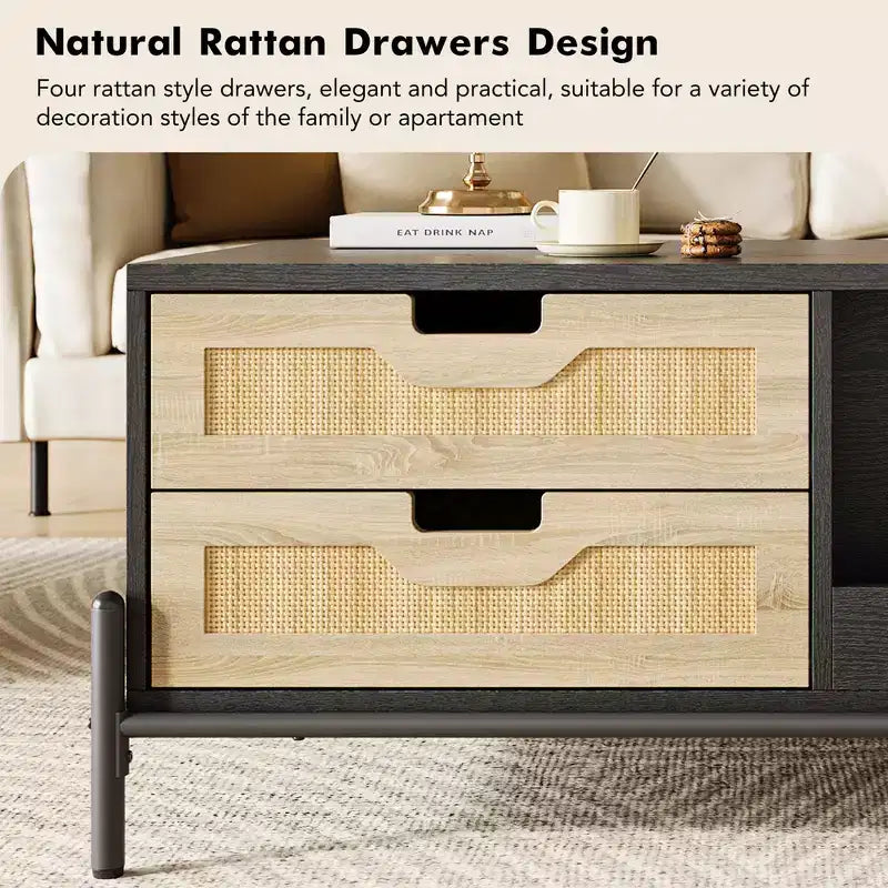 Farmhouse Boho Rattan Coffee Table with 4 Woven Drawers & Open Storage Shelf, Coffee Tables w/LED Lights, Wooden Center Table for Living Room
