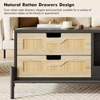 Table basse bohème rustique en rotin avec 4 tiroirs tressés et étagère de rangement ouverte, tables basses avec lumières LED, table basse en bois pour salon