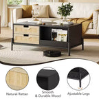 Table basse bohème rustique en rotin avec 4 tiroirs tressés et étagère de rangement ouverte, tables basses avec lumières LED, table basse en bois pour salon