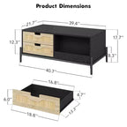Table basse bohème rustique en rotin avec 4 tiroirs tressés et étagère de rangement ouverte, tables basses avec lumières LED, table basse en bois pour salon