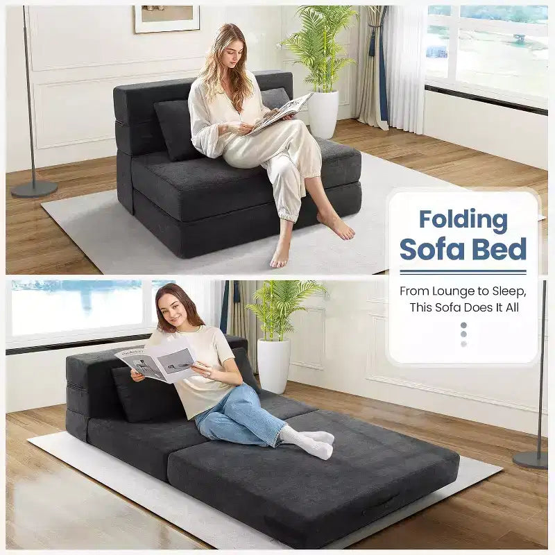4-in-1 Folding Sofa Bed Chair with Pillow, Convertible Sleeper Foam Floor Mattress