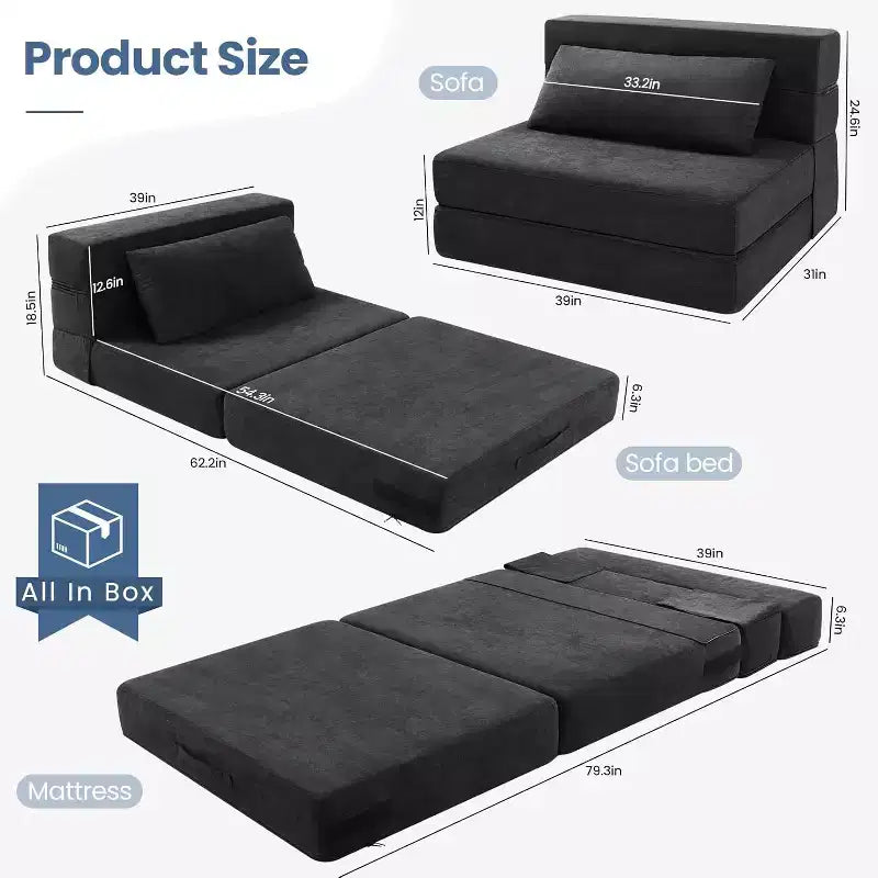 4-in-1 Folding Sofa Bed Chair with Pillow, Convertible Sleeper Foam Floor Mattress