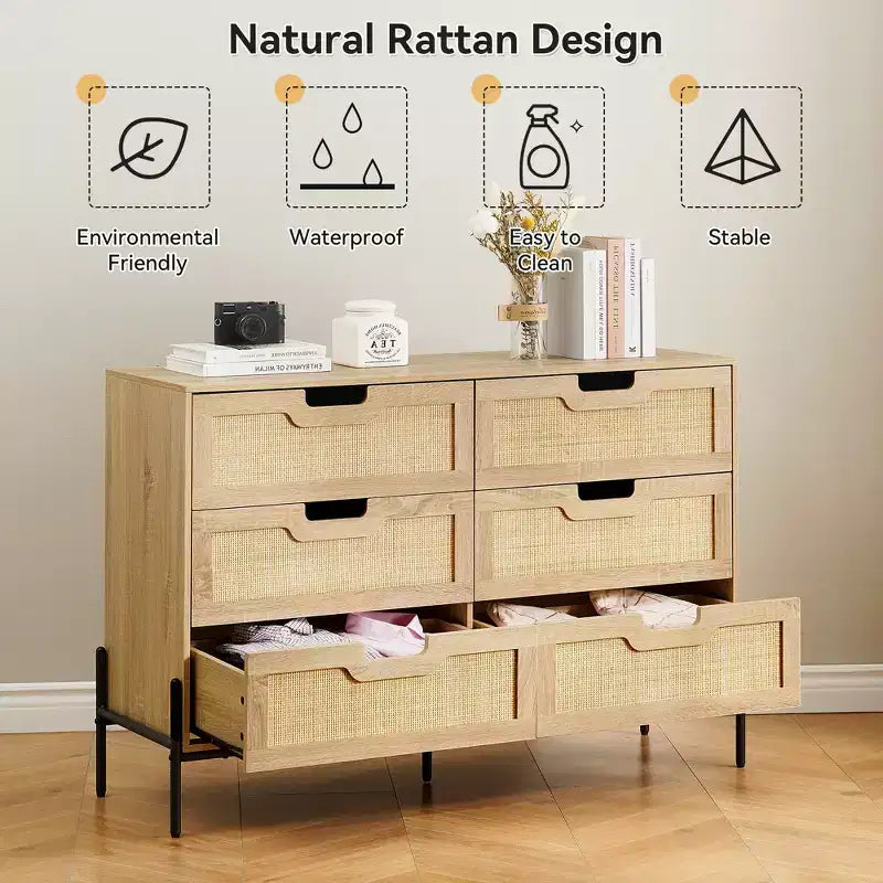 Large Wide 6 Drawer Dresser, Sturdy Metal Legs Farmhouse Chest of Drawer for Closet, Living Room, Bedroom,