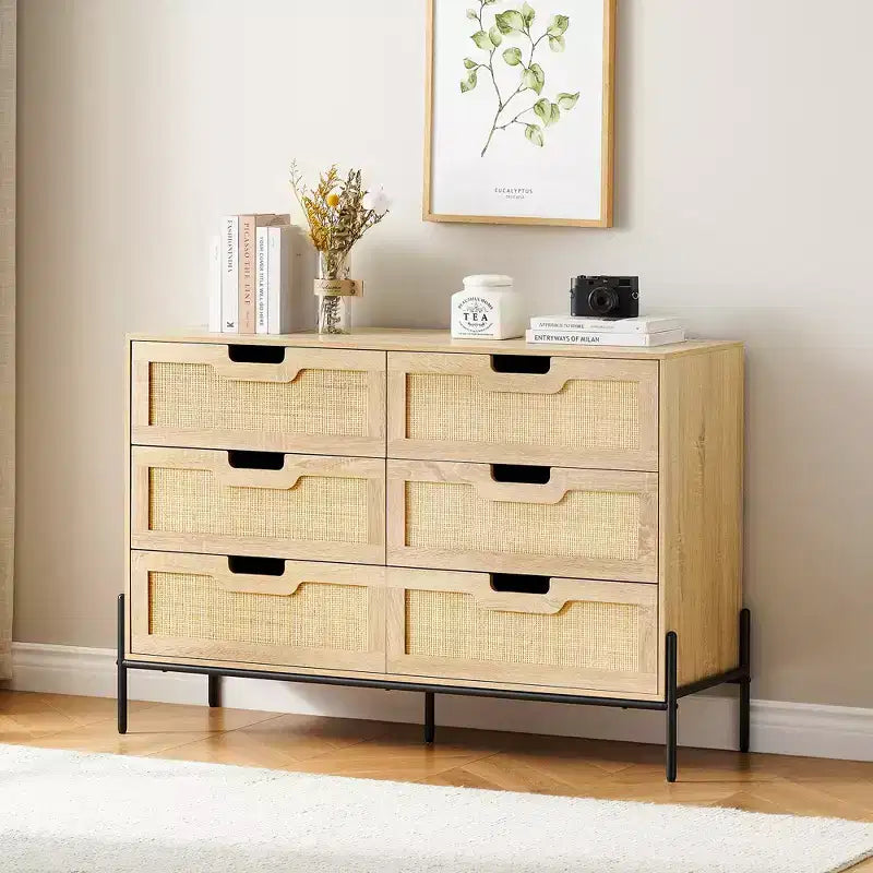 Large Wide 6 Drawer Dresser, Sturdy Metal Legs Farmhouse Chest of Drawer for Closet, Living Room, Bedroom,