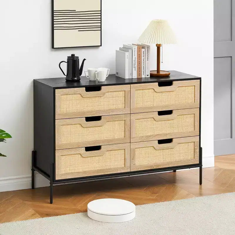Large Wide 6 Drawer Dresser, Sturdy Metal Legs Farmhouse Chest of Drawer for Closet, Living Room, Bedroom,