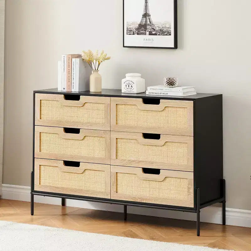 Large Wide 6 Drawer Dresser, Sturdy Metal Legs Farmhouse Chest of Drawer for Closet, Living Room, Bedroom,