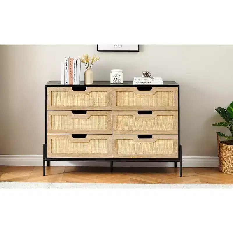 Large Wide 6 Drawer Dresser, Sturdy Metal Legs Farmhouse Chest of Drawer for Closet, Living Room, Bedroom,