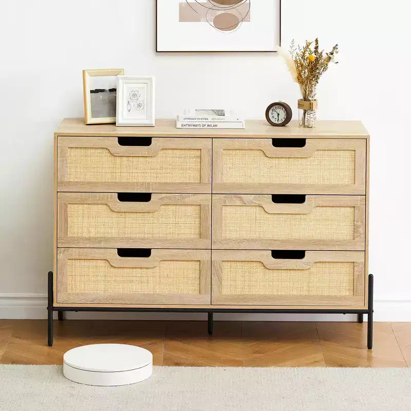 Large Wide 6 Drawer Dresser, Sturdy Metal Legs Farmhouse Chest of Drawer for Closet, Living Room, Bedroom,